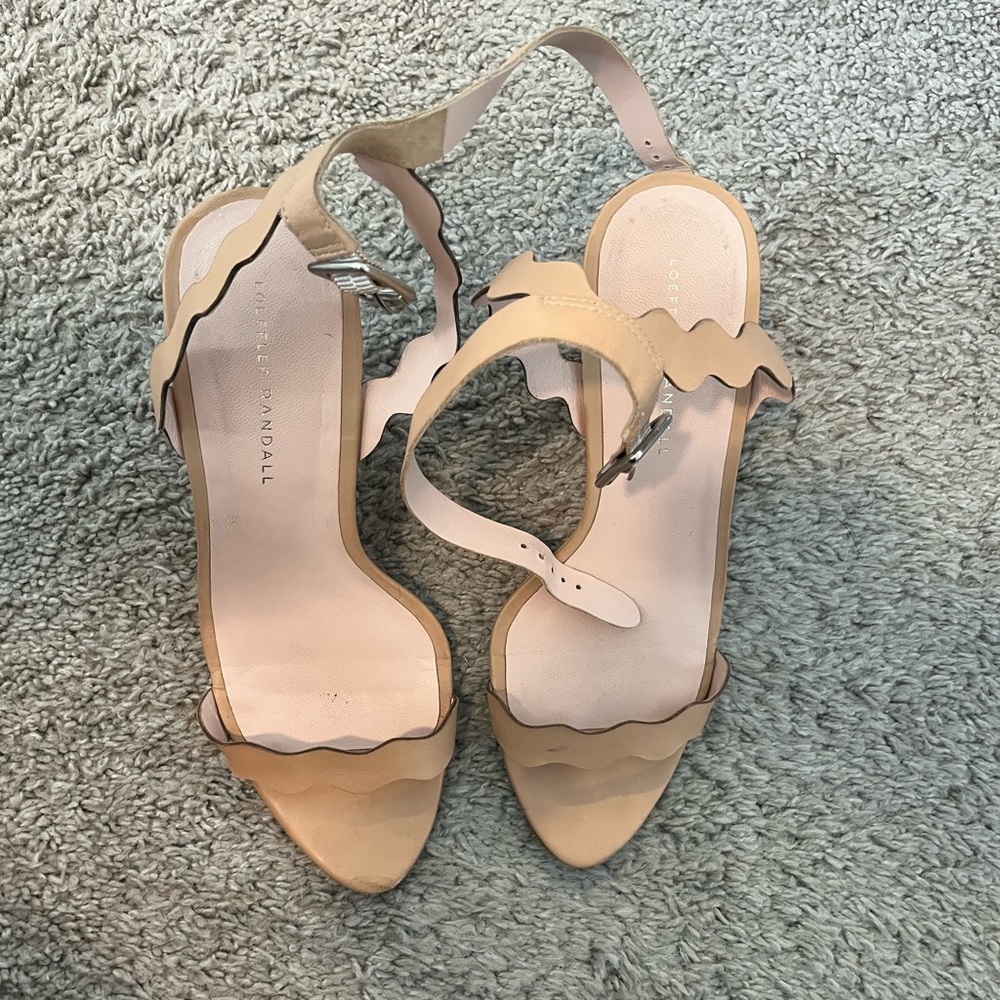 Loeffler Randall Heels Piper Wedge Shoes Leather Ankle Strap Scallop Nude sz 10